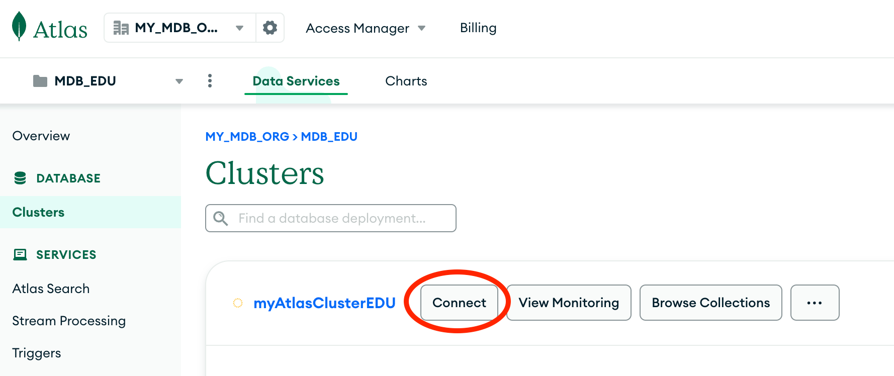 Atlas Connection GUI cluster selection screen